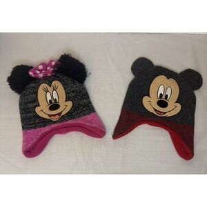 Disney Mickey & Minnie Mouse Knit Beanie Peruvian Hats w/Ear Flaps OSFM Set of 2